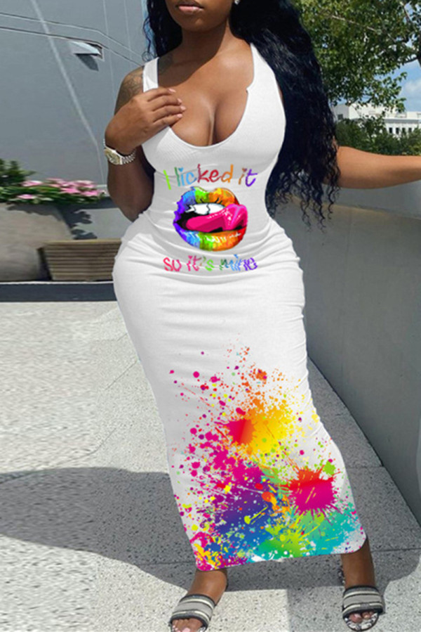 White Fashion Sexy Print Basic U Neck Vest Dress
