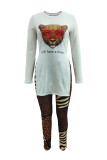 White Fashion Casual Print Slit O Neck Long Sleeve Two Pieces