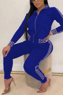 Royal blue Fashion adult Casual Two Piece Suits Zippered Solid Patchwork Print pencil Long Sleeve