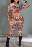 Multicolor Fashion Casual Print Basic O Neck Long Sleeve Two Pieces