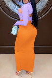 Orange Fashion Sexy Patchwork Solid Hollowed Out Slit Turtleneck Long Sleeve Two Pieces