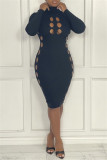 Rose Red Fashion Casual Solid Hollowed Out Turtleneck Long Sleeve Dresses