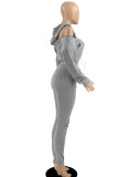 Grey Sexy Solid Bandage Split Joint Backless Zipper Hooded Collar Long Sleeve Two Pieces