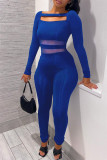 Blue Fashion Casual Patchwork Solid Hollowed Out O Neck Skinny Jumpsuits