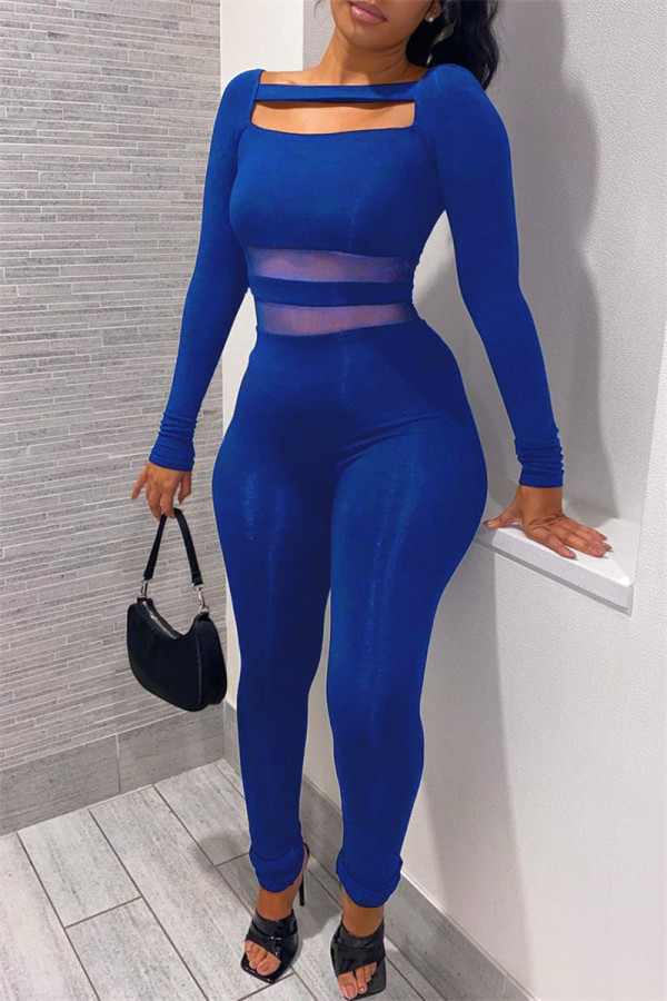 Blue Fashion Casual Patchwork Solid Hollowed Out O Neck Skinny Jumpsuits