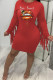 Red Fashion Casual Lips Printed Tassel Patchwork O Neck Long Sleeve Dresses
