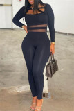 Blue Fashion Casual Patchwork Solid Hollowed Out O Neck Skinny Jumpsuits