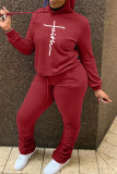 Red Fashion Casual Print Fold Hooded Collar Long Sleeve Two Pieces