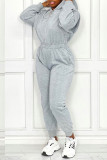 Grey Casual Patchwork Zipper Hooded Collar Regular Jumpsuits