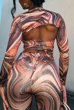 Colour Fashion Sexy Print Bandage Hollowed Out Asymmetrical Long Sleeve Two Pieces