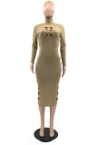 Rose Red Fashion Casual Solid Hollowed Out Turtleneck Long Sleeve Dresses