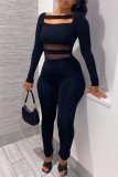 Blue Fashion Casual Patchwork Solid Hollowed Out O Neck Skinny Jumpsuits