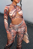 Colour Fashion Sexy Print Bandage Hollowed Out Asymmetrical Long Sleeve Two Pieces