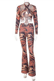 Colour Fashion Sexy Print Bandage Hollowed Out Asymmetrical Long Sleeve Two Pieces