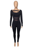 Blue Fashion Casual Patchwork Solid Hollowed Out O Neck Skinny Jumpsuits