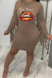 Red Fashion Casual Lips Printed Tassel Patchwork O Neck Long Sleeve Dresses