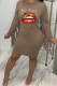 Coffee Fashion Casual Lips Printed Tassel Patchwork O Neck Long Sleeve Dresses