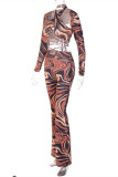 Colour Fashion Sexy Print Bandage Hollowed Out Asymmetrical Long Sleeve Two Pieces