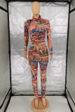 Multicolor Fashion Casual Print Basic O Neck Long Sleeve Two Pieces