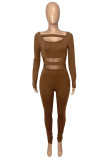 Blue Fashion Casual Patchwork Solid Hollowed Out O Neck Skinny Jumpsuits