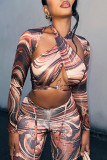 Colour Fashion Sexy Print Bandage Hollowed Out Asymmetrical Long Sleeve Two Pieces