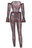 Multicolor Fashion Sexy Butterfly Print Backless Off the Shoulder Long Sleeve Two Pieces