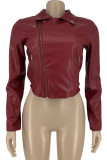 Burgundy Fashion Casual Solid Patchwork Zipper Turndown Collar Outerwear