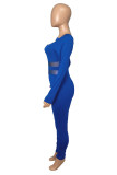 Blue Fashion Casual Patchwork Solid Hollowed Out O Neck Skinny Jumpsuits