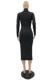 Rose Red Fashion Casual Solid Hollowed Out Turtleneck Long Sleeve Dresses