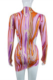 Colour Fashion Sexy Print Hollowed Out O Neck Long Sleeve Dresses