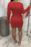 Red Fashion Casual Lips Printed Tassel Patchwork O Neck Long Sleeve Dresses