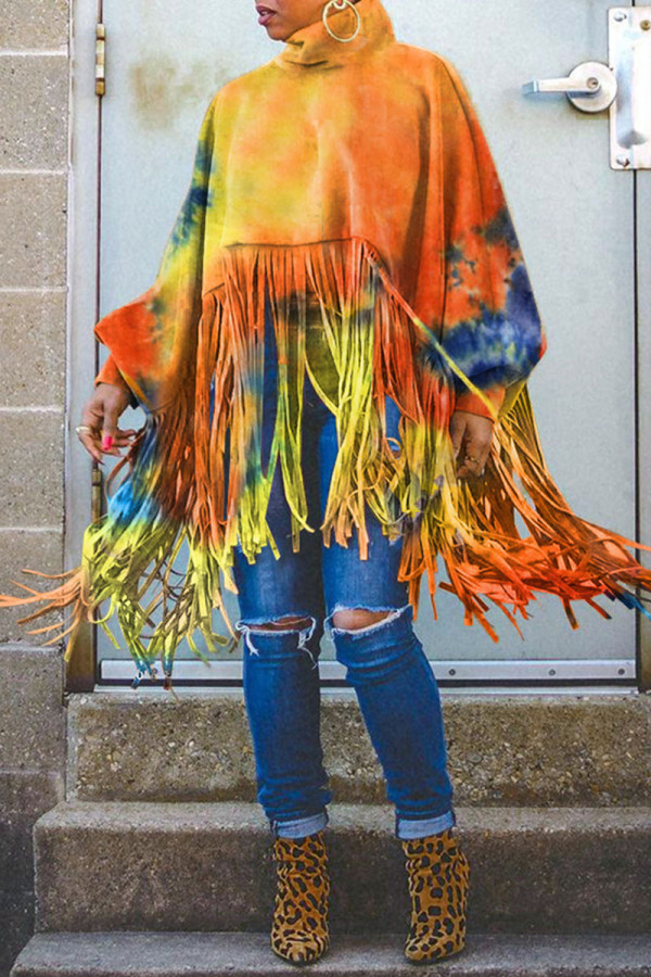 Orange Street Print Leopard Tassel Split Joint O Neck Tops