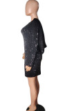 Black Sexy Solid Sequins Patchwork Backless O Neck One Step Skirt Dresses