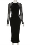 Black Fashion Sexy Patchwork See-through O Neck Long Sleeve Dresses