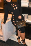 Rose Red Fashion Casual Solid Hollowed Out Turtleneck Long Sleeve Dresses