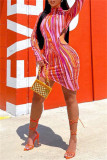Colour Fashion Sexy Print Hollowed Out O Neck Long Sleeve Dresses