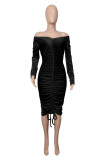 Pink Fashion Sexy Solid Bandage Draw String V Neck Long Sleeve Dresses