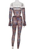 Multicolor Fashion Sexy Butterfly Print Backless Off the Shoulder Long Sleeve Two Pieces