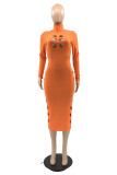 Rose Red Fashion Casual Solid Hollowed Out Turtleneck Long Sleeve Dresses