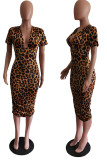 Leopard Print Elegant Print Leopard Patchwork Fold V Neck One Step Skirt Dresses
