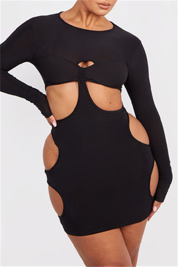 Black Fashion Sexy Solid Hollowed Out O Neck Long Sleeve Dresses