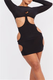 Black Fashion Sexy Solid Hollowed Out O Neck Long Sleeve Dresses