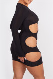 Black Fashion Sexy Solid Hollowed Out O Neck Long Sleeve Dresses