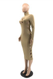 Rose Red Fashion Casual Solid Hollowed Out Turtleneck Long Sleeve Dresses