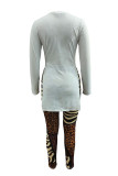 White Fashion Casual Print Slit O Neck Long Sleeve Two Pieces