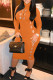 Orange Fashion Casual Solid Hollowed Out Turtleneck Long Sleeve Dresses