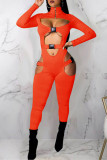 Orange Sexy Casual Solid Hollowed Out Patchwork Turtleneck Skinny Jumpsuits