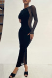 Black Fashion Sexy Patchwork See-through O Neck Long Sleeve Dresses
