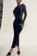 Black Fashion Sexy Patchwork See-through O Neck Long Sleeve Dresses