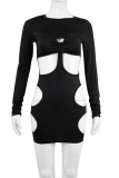 Black Fashion Sexy Solid Hollowed Out O Neck Long Sleeve Dresses